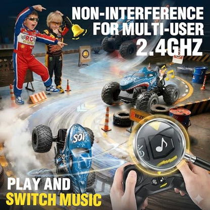 BEZGAR 1:20 Monster Truck Toys, 360°Stunt RC Cars with Music and Light | Blue Dinosaur Toys with 2 Batteries and Wireless LED Strobe Lights, Remote Control Car with Glowing wheels for boys - color: Blue