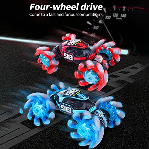 GoolRC Gesture Sensing RC Stunt Car, 4WD 2.4GHz Remote Control Car, Transformer Toy Cars with LED Lights, Double Sided Driving, 360?Rotating and Explosive Wheel for Adults (Blue) - color: Blue
