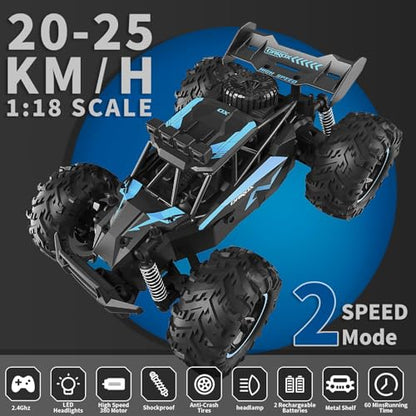 Carox Remote Control Car & RC Cars, 2.4GHz 25KM/H High Speed RC Car, 1:18 Off-Road Monster Truck with LED Lights and 1800mAh Rechargeable Battery–Blue - color: Blue