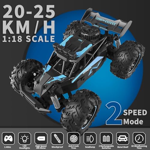 Carox Remote Control Car & RC Cars, 2.4GHz 25KM/H High Speed RC Car, 1:18 Off-Road Monster Truck with LED Lights and 1800mAh Rechargeable Battery–Blue | 25KM/H High Speed，Rechargeable design,LED Lights，Ideal Gift for kids 6+,Blue - color: Blue