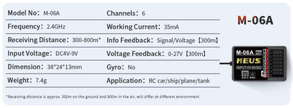MEUS RACING 2.4GHz RC Receiver M-06A Long Range Control RX Compatible with MEUS Racing RC Transmitter ME-10B for RC Car/Boat/Tank etc. (6CH)
