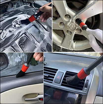 Car Wash Brush with Long Handle, Car Detailing Kit, Wheel Brush 7 Packs | Wheel Cleaner Brush, 17 In Long Wheel Brush, Soft Cleaning Tire Brush, 5 Car Detailing Brush Set (Red & Blue) - color: Red
