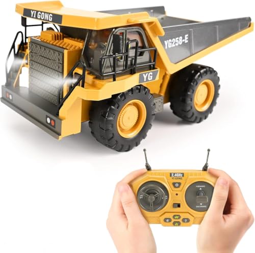 KidsFaves RC Dump Truck, 9CH Remote Control Dump Truck with Metal Dump Bed, 45° Lifting & 360° Rotation, 2 Batteries, Lights & Sounds, Construction Toy for Boys Age 3+ - style: dump truck