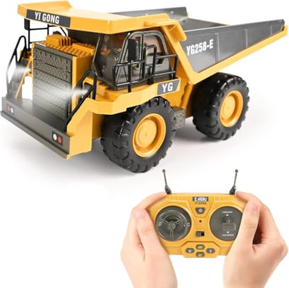 KidsFaves RC Dump Truck, 9CH Remote Control Dump Truck with Metal Dump Bed, 45° Lifting & 360° Rotation, 2 Batteries, Lights & Sounds, Construction Toy for Boys Age 3+ - style: dump truck