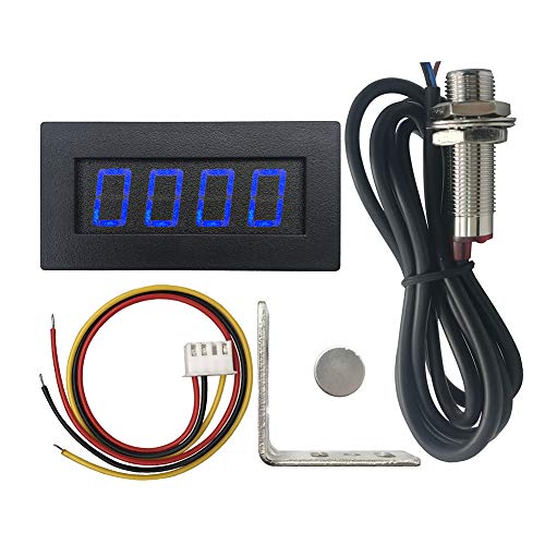 4 Digital Blue LED Tachometer RPM Speed Meter + Hall Proximity Switch Magnet Sensor NPN + Sensor Mounting Holder for Lathe Conveyor Belt - color: Blue
