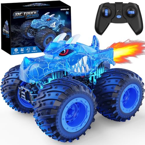 BAODLON Remote Control Monster Car, 2.4GHz RC Monster Trucks Toys for 3 4 5 6 7 8 Years Old Boys Kids, All Terrain RC Truck Off Road with Spray, Light, Rechargeable Battery, Christmas Birthday Gifts - style: Dinosaur-blue