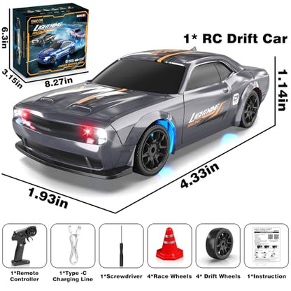 Mini RC Drift Car 1/43 2.4GHz RC Drift Cars with Gyro, 4WD Full Proporitonal High Speed Remote Control Car with LED Lights and Drifting Tires Hobby Racing Cars for Adults Kids Boys, Sliver - color: Silver