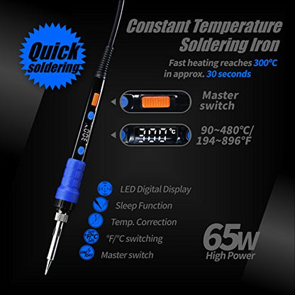 YIHUA 928D Soldering Iron Kit, 65W Soldering Iron, Fully Digital, Display °F/°C, Temperature Control, Accuracy 194~896℉- Soldering Kit with Sleep Function, Temp. Correction Function, Holder &more. - style: Digital Iron Kit