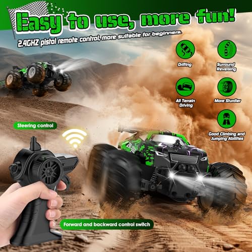 All-Terrain Remote Control Car for Boys Christmas Rechargeable Green | Monster Rc Truck with LED, 1:20 10KM/H, 2 Motors, 2.4GHZ, Speed Friendly, Sturdy Rc Cars for Christmas Kids 6+, Beginner - color: Green