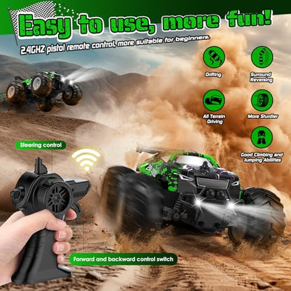 All-Terrain Remote Control Car for Boys Christmas Rechargeable Green | Monster Rc Truck with LED, 1:20 10KM/H, 2 Motors, 2.4GHZ, Speed Friendly, Sturdy Rc Cars for Christmas Kids 6+, Beginner - color: Green