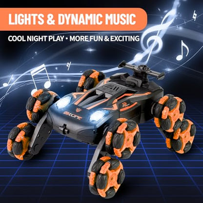 8WD Remote Control Stunt Car with Music Light Mist Spray, RC Drift Car Toys for Kids 6+, 2.4GHz Remote, Double Sided Driving, 360° Spins, Off-Road Stunt Vehicle, Birthday Gifts for Boys Girls - color: Orange