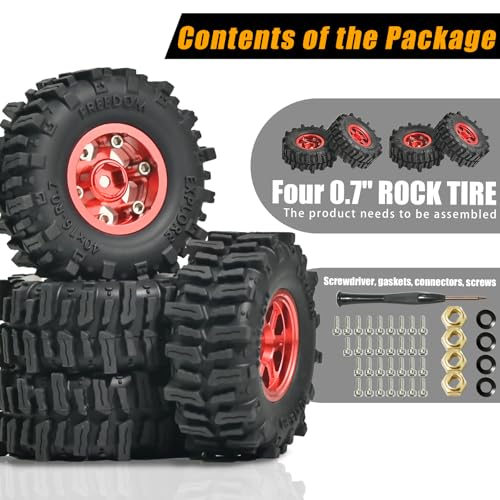 0.7” FS6 Super Soft Rubber Tires & CNC -1mm Offset Aluminum Beadlock Rims, 40×16mm Micro Crawler Wheels Tires Set for Axial SCX30 Redcat Ascent-32 1/30–1/32 RC Crawler, 4PCS Red - color: Red