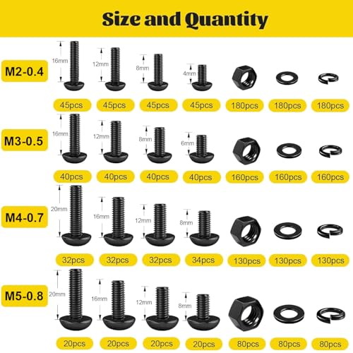 2200PCS M2 M3 M4 M5 Metric Screws Assortment Kit, Hex Socket Button Head Assorted kit, Machine Screw Set with Nuts & Washers,10.9 Alloy Steel Black Zinc Plated for 3D Printing - size: M2M3M4M5 2200pcs