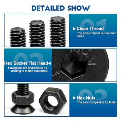 NINDEJIN Metric M6 Screws Set, Hex Socket Flat Head M6 Screw Assortment Kit, 9 Lenght Screw Bolts and Hex Nuts, Carbon Steel, Allen Socket Drive, Black Parts - size: 146PCS M6 8mm-30mm