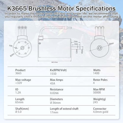 Surpass 3665 1550kv brushless Motor 4 Pole high Torque Ip67 Waterproof Motor for 1/10 Off-Road Short Car Big feet RC Car Accessories - size: 1550kv
