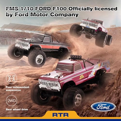 FMS 1/10 RC Truck Ford F-100,2WD Monster Truck with Licensed Body, 550 Brushed Motor, Oil Shocks, Independent Suspension – All-Terrain RC Crawler, High Speed Off-Road RC Car for Gift(Red First Blood) - color: Red First Blood