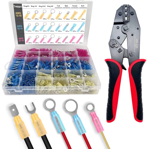 550Pcs Automotive Waterproof Heat Shrink Wire Connectors with Crimping Tool | Butt Fork Ring and Spade Crimp Connectors Assortment 22-10AWG - size: 550pcs-with Crimper