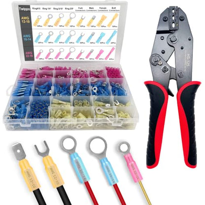 550Pcs Automotive Waterproof Heat Shrink Wire Connectors with Crimping Tool | Butt Fork Ring and Spade Crimp Connectors Assortment 22-10AWG - size: 550pcs-with Crimper