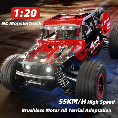1/20 Brushless Fast RC Cars for Adults, 55KM/H High Speed Electric Powered Remote Control Car, 4X4 Offroad All Terrain RC Truggy, 3 Batteries, Red - color: 3 Batties(red2)