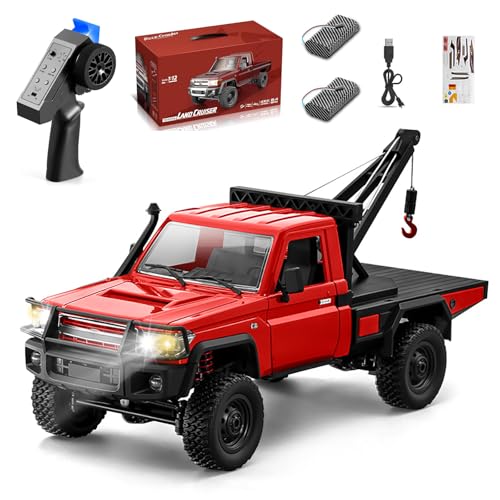 MN82T RC Crawler, 1:12 Scale LC79 4WD RC Crawler with Crane | Crane One‑key Hook, Lights, Speed Adjustment, Tires All Terrain Wrecker, 2 Batteries 2.4GHz Rock Crawler for Hobbyists - color: Red