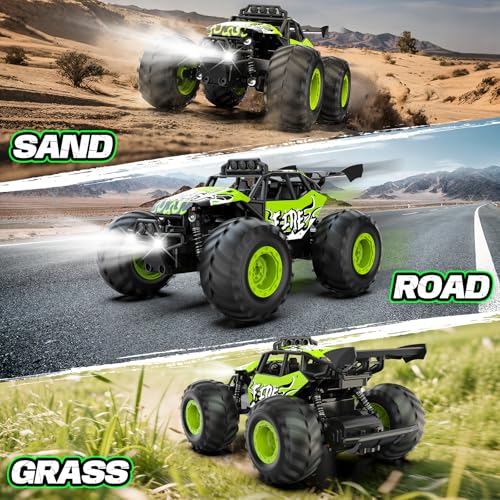 Remote Control Car, All Terrain RC Cars with Speed Switch RC Truck with LED Headlight and Rechargeable Batteries, 20KM/H Monster Truck Toys Gift for Boys 6-8 8-12, Green - color: Green