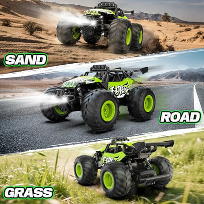 Remote Control Car, All Terrain RC Cars with Speed Switch RC Truck with LED Headlight and Rechargeable Batteries, 20KM/H Monster Truck Toys Gift for Boys 6-8 8-12, Green - color: Green