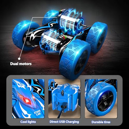Excitobo Remote Control Car,RC Cars for 4 5 6 7 8 9 10 11 12 Year Old Boy Double Sided 360°Flip 4WD Rechargeable Drift RC Race Car Boys Toys Birthday Gifts Easter Basket Stuffers for Kids Age 4-12 - color: Blue