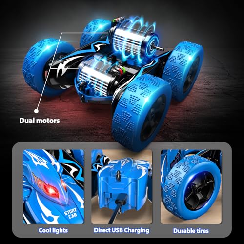 Excitobo Remote Control Car,RC Cars for 4 5 6 7 8 9 10 11 12 Year Old Boy Double Sided 360°Flip 4WD Rechargeable Drift RC Race Car Boys Toys Birthday Gifts Easter Basket Stuffers for Kids Age 4-12 - color: Blue