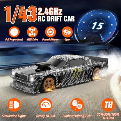 RC Drift car, 1/43 Mini Rc Drift car with Gyroscope, 2.4GHz Full Proportional Remote control Cars, 4WD High Speed Racing with Lights, Racing Tires, Model Cars Gift for Adults, Kids, Boys, Girls - color: Black