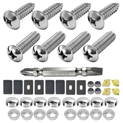 Stainless Steel License Plate Screws, M6 (1/4"), with Chrome Caps | Rustproof Car Tag Fasteners, Front Rear Mount Hardware, Machine Bolts Nuts + Self-Tapping Screws Nylon Inserts + Screwdriver - style: Self tapping & Mechanical Screws