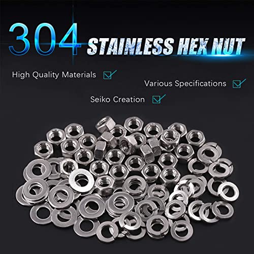 Swpeet 90Pcs Metric 304 Stainless Steel M8 Hex Nuts and M8 Flat Washers with Split Lock Washers Assortment Kit, Coarse Thread Hexagon Nut for Home Automotive Shop Use - size: M8 Hex Nuts & Washers