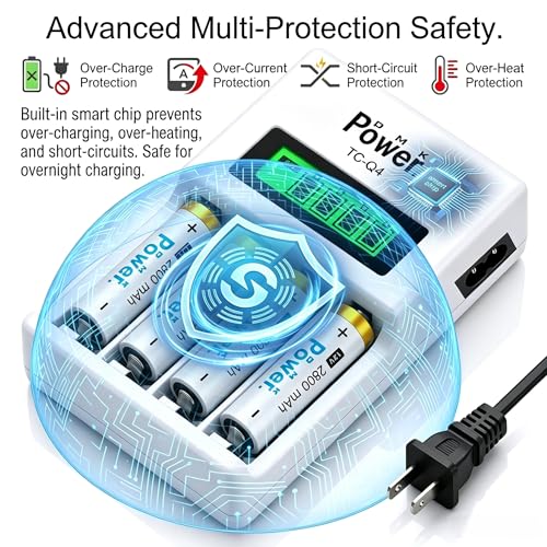 DMK POWER AA Rechargeable Batteries with Charger, 4-Pack 2800mAh NiMH Set | 4-Slot LCD Smart Charger for Remotes, Toys, Flashlights & Clocks Global Voltage Compatible
