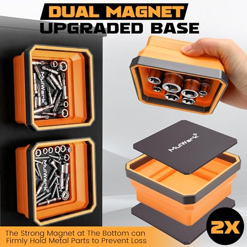MULWARK 3Pcs Collapsible Magnetic Tray with 15Lb Magnetic Pickup Tool, Silicone Magnetic Parts Tray for Organizing Screw Bolts Nuts Washers Pins Repair Tools Workshop