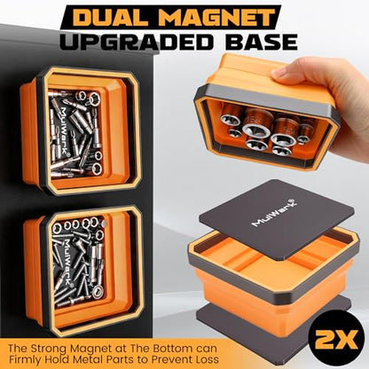 MULWARK 3Pcs Collapsible Magnetic Tray with 15Lb Magnetic Pickup Tool, Silicone Magnetic Parts Tray for Organizing Screw Bolts Nuts Washers Pins Repair Tools Workshop