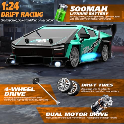 RC Drift Car, 1/24 Scale Mini RC Drift Car, 2.4GHz Remote Control Cars, Four Wheel Drive High Speed Racing with LED Lights, Equipped with Racing Tires and 2 Rechargeable Batteries (8603-Orange) - style: 8603-Orange