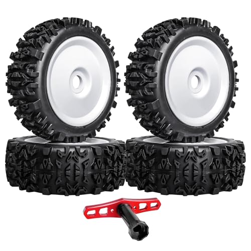 PreGlued 1/8 Buggy Tires 17mm Wheels Foam Inserts w/ 17mm Wheel Wrench for Arrma Typhon 3S 6S Losi HPI Redcat Racing Models, Set of 4 (White Rims) - color: White Rims