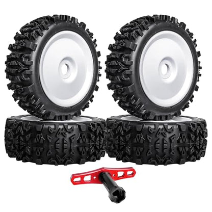 PreGlued 1/8 Buggy Tires 17mm Wheels Foam Inserts w/ 17mm Wheel Wrench for Arrma Typhon 3S 6S Losi HPI Redcat Racing Models, Set of 4 (White Rims) - color: White Rims