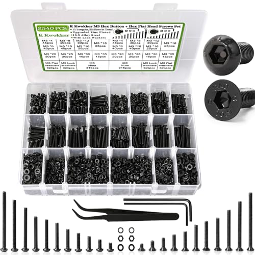 2540Pcs M3 Screw Kit 4MM to 35MM, M3 Button Head Screws & Flat Head Screws, Upgraded Zinc Plated Assorted Nuts and Bolts Assortment Kit Black M3 Screws with Nuts, Washer and Lock Washers - size: M. M3
