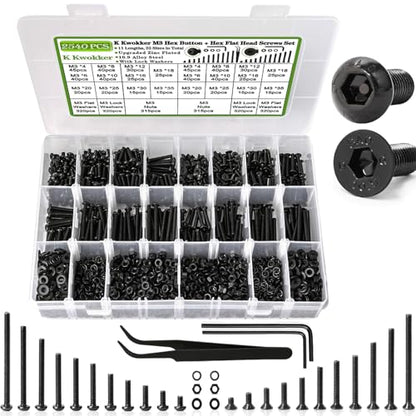 2540Pcs M3 Screw Kit 4MM to 35MM, M3 Button Head Screws & Flat Head Screws, Upgraded Zinc Plated Assorted Nuts and Bolts Assortment Kit Black M3 Screws with Nuts, Washer and Lock Washers - size: M. M3
