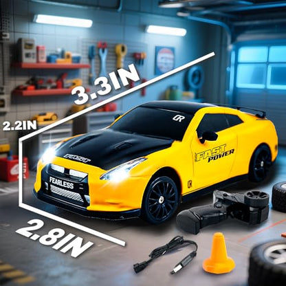 SANCO 1:24 RC Drift Car with LED Lights, 2.4GHz Remote Control Car, Includes 2 Batteries & 2 Sets of Tires for Racing & Drifting, Electric Hobby Racing Toy for Adults, Boys & Kids(Yellow)
