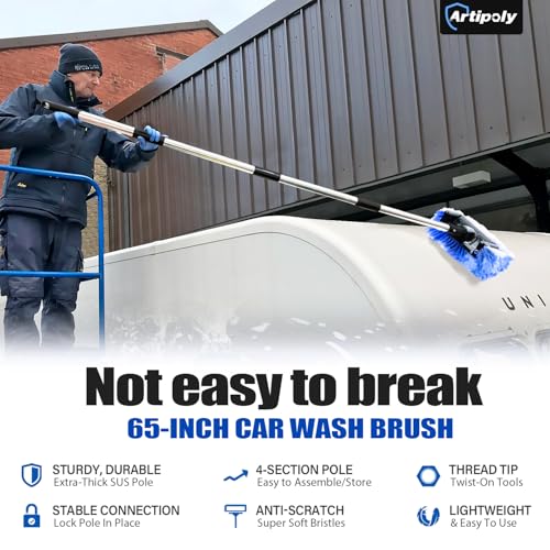 ARTIPOLY 65'' Five-Sided Car Wash Brush with Long Handle, Scratch-Free Car Cleaning Kit with Soft Wash Brush, Tire Brush, Window Squeegee, Car Wash Mitt, Microfiber Cleaning Head & Extension Pole - size: 65"