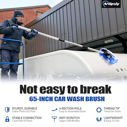 ARTIPOLY 65'' Five-Sided Car Wash Brush with Long Handle, Scratch-Free Car Cleaning Kit with Soft Wash Brush, Tire Brush, Window Squeegee, Car Wash Mitt, Microfiber Cleaning Head & Extension Pole - size: 65"