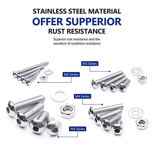 NINDEJIN Metric Button Head Socket Cap Screw Bolts & Flat Washers & Nuts Assortment Kit M2 M3 M4 M5 Stainless Steel Machine Screws Set and Wrench, 880 PCS - size: 880 Hex Round Head Socket Screws Nuts