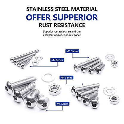 NINDEJIN Metric Button Head Socket Cap Screw Bolts & Flat Washers & Nuts Assortment Kit M2 M3 M4 M5 Stainless Steel Machine Screws Set and Wrench, 880 PCS - size: 880 Hex Round Head Socket Screws Nuts
