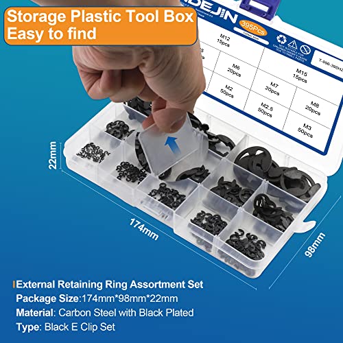 NINDEJIN 395PCS Retaining Rings E-Clip Assortment Set, 13 Sizes, Carbon Steel External Snap Ring, E-Clips Retainer Circlip Rings for Projects - Gears Pulleys Axles Shafts and Other Moving Parts | Carbon Steel, External Snap Ring, C-clip Ring, for Projects