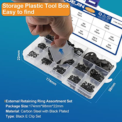 NINDEJIN 395PCS Retaining Rings E-Clip Assortment Set, 13 Sizes, Carbon Steel External Snap Ring, E-Clips Retainer Circlip Rings for Projects - Gears Pulleys Axles Shafts and Other Moving Parts | Carbon Steel, External Snap Ring, C-clip Ring, for Projects