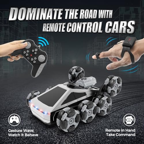 8 Wheel RC Stunt Car with Gesture Control, Spray & LED Lights, Gesture Sensing Remote Control Cars for Boys Age 6 7 8-12 13 14 Year Old, Christmas Birthday Gifts Ideas for Kids - color: Grey