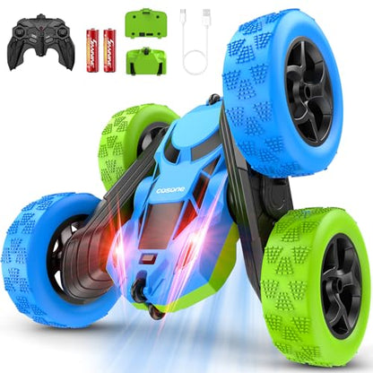 cosone Blue Green RC Car for Kids | Rechargeable Remote Control, 360° Rotation Stunt Car, Double-Sided Driving, LED Lights, 2.4GHz Off Road - color: Blue&green Pro