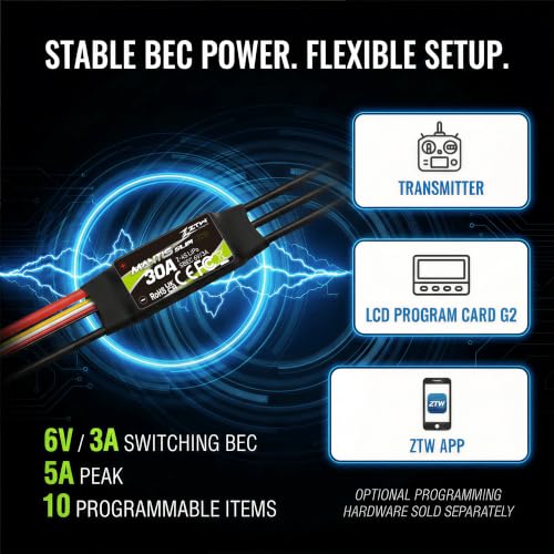 ZTW Mantis Slim G2 30A ESC 2-4S RC Airplane Speed Controller with 6V/3A Switching BEC XT60 Plug Programmable ESC for Sport Fixed-Wing and Gliders