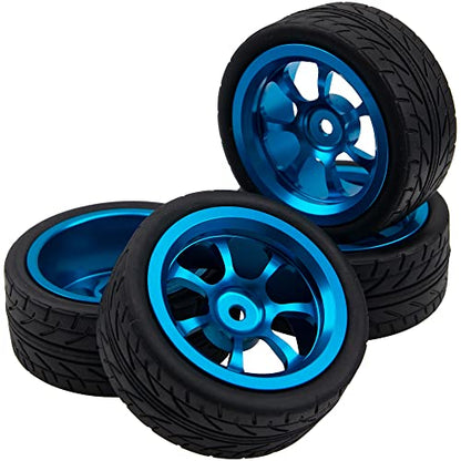 Metal Wheel Rims 12mm Hex Hub & OD 2.56" Rubber Tires Compatible with Tamiya HPI Kyosho HSP Redcat Exceed RC 1/10 On-Road Touring Car WLtoys 1/14 144001 (Dark Blue)